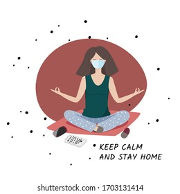 COVID-19 prevention. Girl in medical mask. Social distancing during pandemia of coronavirus. Keep calm Stay home. Social distance and healthy lifestyle.