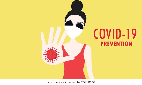 COVID-19 prevention girl raise hand wtih covid-19 disease vector illustration. COVID-19 prevention concept.