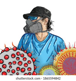 COVID-19 prevention hand drawing, with man safely wearing protecting mask in the city while to prevent potential coronavirus infection. Mutated virus background and need of vaccine. Vector.