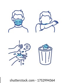 COVID19 Prevention - Hygiene Icons. The icons as hand wash, wear mask, and bin the tissue. Vector illustrations.