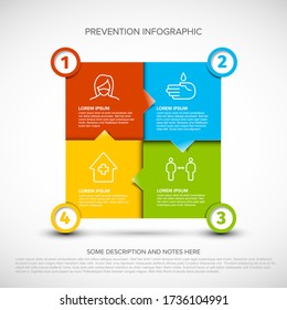 Covid-19 prevention infographic template - mask, people distance, washing hands, stay at home 