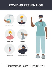 Covid-19 prevention instruction illustration poster: wash hands, wear medical face mask, stay home, sneeze, cough. Coronavirus epidemic or pandemic vector. Simple flat clip art quarantine infographic.