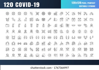 Covid-19 Prevention Line Outline Icons. Coronavirus, Social Distancing, Quarantine, Stay Home. 128x128 Pixel Perfect. Editable Stroke.