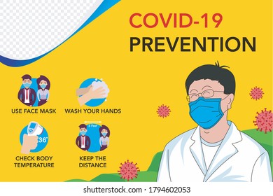 covid-19 prevention with man Doctor use face mask, poster the new normal with doctor face mask illustrationm, new normal psoter