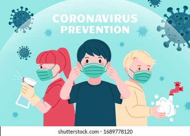 COVID-19 prevention promo design, with precautions of wearing protective face masks, washing hands and using disinfectant