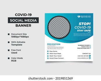 covid-19 prevention social media banner template design with an image placement, gradient color used. It looks professional and eye-catchy, well organized, fully editable. vector eps 10 version.