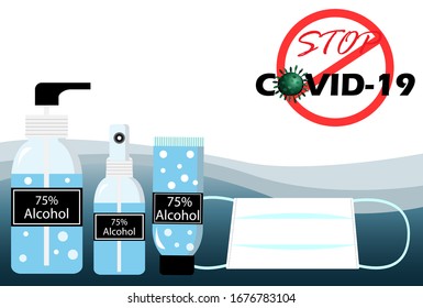 COVID-19 prevention. Using 75% Alcohol and hand sanitizer alcohol gel in tube, spray,pump bottle and wearing surgical face mask to protect from spreading of COVID-19 corona virus outbreak.