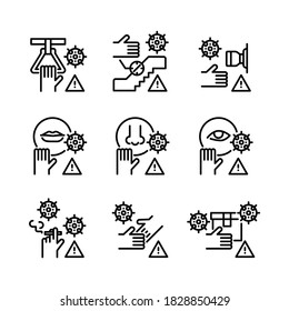 Covid-19 prevention with warning sign icons set. Line vector. Isolate on white background.