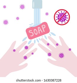 COVID-19 prevention. Wash your hands to prevent coronavirus. Stop global epidemic. Vecor illustration of washing hands, viruses and soap. 