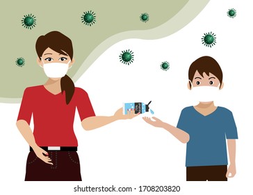 COVID-19 prevention. Woman wearing sugical face mask apply 75% alcohol gel to little boy hand to protect from COVID-19 corona virus pandemic spreading.Idea for COVID-19 outbreak, prevention, awareness.
