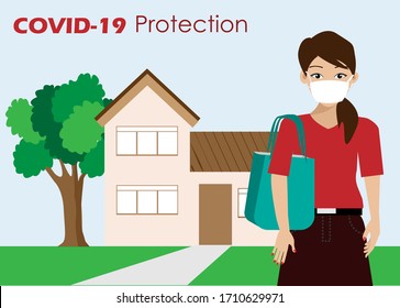 COVID-19 prevention. Woman wearing sugical face mask before going out of home to protect from COVID-19 corona virus spreading. Idea for COVID-19 outbreak, prevention and protection. Vector.