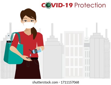 COVID-19 prevention. Woman wearing sugical face mask apply 75% alcohol gel on hands when going outdoor to protect from COVID-19 corona virus spreading. Idea for COVID-19 prevention and protection.