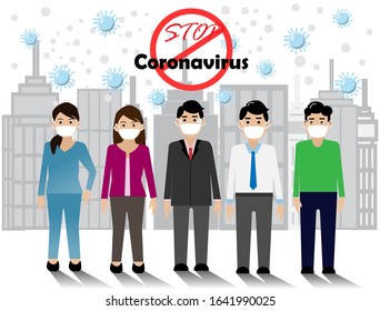 COVID-19 prevention. Working men and women wearing face mask standing with sign "Stop Coronavirus",city buildings background. Vector Illustration. Idea for coronavirus outbreak and prevention.