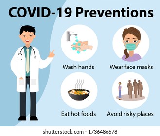 COVID-19 preventions. Doctor explain Infographics, wear face masks, wash hands, eat hot foods and avoid risky places. Idea for coronavirus outbreak and preventions. Vector illustration. 