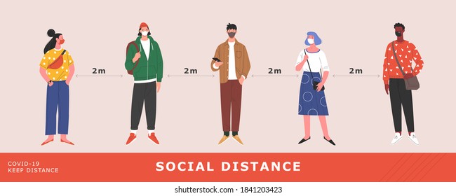 Covid-19 preventive measures. Vector illustration in contemporary flat style  of diverse group of people in medical face masks keeping safe distance. Isolated on background.