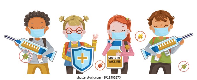 COVID-19 Protection Against Coronavirus. Prevention Of Children.  Education Risks Concept Of The Virus. Girl Mask And A Boy Mask Are Holding A Knight's Sh Vaccines And Syringes. Fight Prevent Covid.