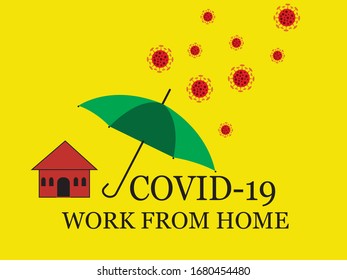 COVID-19 .Protection from attacks, house under an umbrella isolated on yellow background.