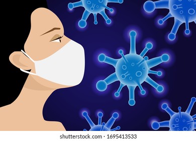 COVID-19 protection. Beautiful woman wearing surgical face mask to protect from COVID-19 corona virus spreading. Idea for COVID-19 outbreak, protection ,quarantine and awareness.