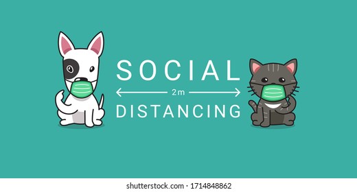 Covid-19 Protection Concept Cartoon Character Dog And Cat Wearing Protective Face Mask Social Distancing For Design.