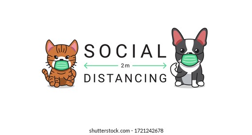 Covid-19 protection concept cartoon character cat and dog wearing protective face mask social distancing for design.