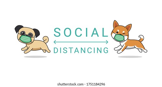 Covid-19 protection concept cartoon character pug and shiba inu dog wearing protective face mask social distancing for design.