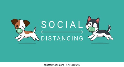 Covid-19 protection concept cartoon character jack russell terrier and siberian husky dog wearing protective face mask social distancing for design.