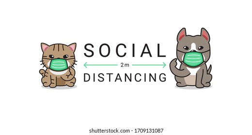 Covid-19 protection concept cartoon cute cat and dog wearing protective face mask social distancing for design.