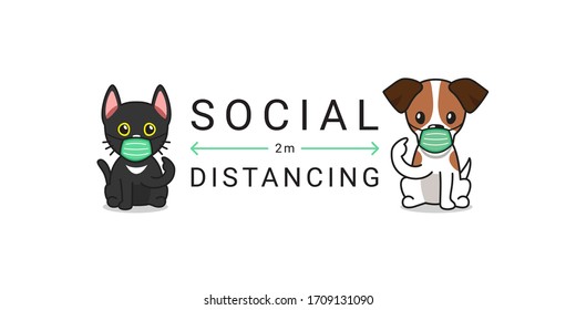 Covid-19 Protection Concept Character Cat And Dog Wearing Protective Face Mask Social Distancing For Design.