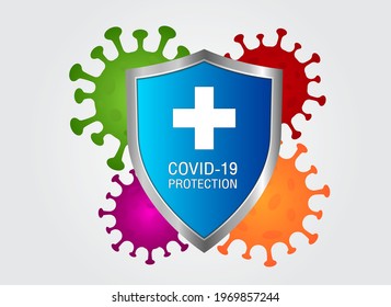 Covid-19 protection concept ,Virus protection with shield and bacteria 