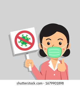 Covid-19 protection concept a woman wearing protective face mask with anti virus sign for design.
