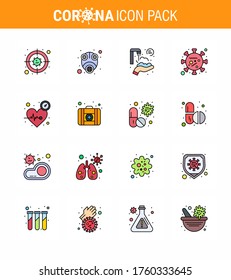 Covid-19 Protection CoronaVirus Pendamic 16 Flat Color Filled Line icon set such as microorganism; virus; virus; coronavirus; washing viral coronavirus 2019-nov disease Vector Design Elements