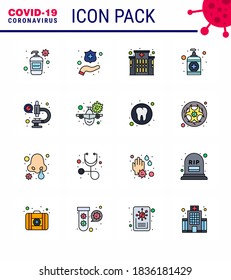 Covid-19 Protection CoronaVirus Pendamic 16 Flat Color Filled Line icon set such as virus; laboratory; clinic; coronavirus; wash viral coronavirus 2019-nov disease Vector Design Elements