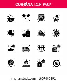 Covid-19 Protection CoronaVirus Pendamic 16 Solid Glyph Black icon set such as hands; washing; protection; medical; hands care viral coronavirus 2019-nov disease Vector Design Elements