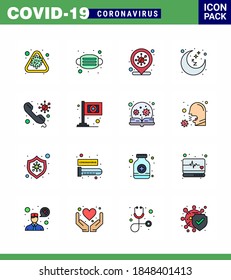 Covid-19 Protection CoronaVirus Pendamic 16 Flat Color Filled Line icon set such as call; sleep; safety; night; infection place viral coronavirus 2019-nov disease Vector Design Elements