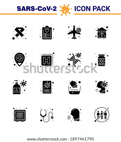 Covid-19 Protection CoronaVirus Pendamic 16 Solid Glyph Black icon set such as hygiene; airoplan; healthcare; not allow; travel viral coronavirus 2019-nov disease Vector Design Elements