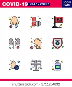 Covid-19 Protection CoronaVirus Pendamic 9 Filled Line Flat Color icon set such as healthcare; cough; assistance; kidney; infected viral coronavirus 2019-nov disease Vector Design Elements