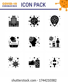 Covid-19 Protection CoronaVirus Pendamic 9 Solid Glyph Black icon set such as  runny; allergy; hospital; water bowl; hygiene viral coronavirus 2019-nov disease Vector Design Elements