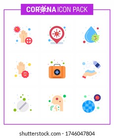 Protección Covid-19 CoronaVirus Pendamic 9 Color plano conjunto de iconos como las manos; sucio; lugar de infección; covid; plaquetas virus coronavirus 2019-nov Enfermedad Vector Elementos de diseño