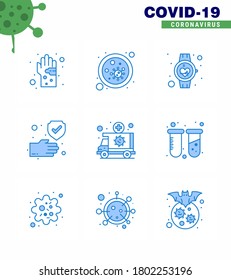 Covid-19 Protection CoronaVirus Pendamic 9 Blue icon set such as hand; smart watch; germs; pulse; healthcare viral coronavirus 2019-nov disease Vector Design Elements