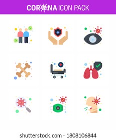 Covid-19 Protection CoronaVirus Pendamic 9 Flat Color icon set such as  wheels; bed; search; strature; cross viral coronavirus 2019-nov disease Vector Design Elements