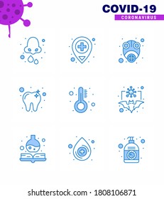 Covid-19 Protection CoronaVirus Pendamic 9 Blue icon set such as medicine; tooth; epidemic; dental; virus viral coronavirus 2019-nov disease Vector Design Elements