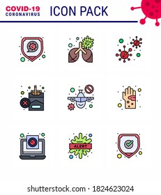 Covid-19 Protection CoronaVirus Pendamic 9 Filled Line Flat Color icon set such as plane; smoking; bacteria; no; virus viral coronavirus 2019-nov disease Vector Design Elements