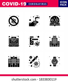 Covid-19 Protection CoronaVirus Pendamic 9 Solid Glyph Black icon set such as  medical; coronavirus; water; virus; loupe viral coronavirus 2019-nov disease Vector Design Elements