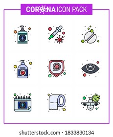 Covid-19 Protection CoronaVirus Pendamic 9 Filled Line Flat Color icon set such as disease; hand; medicine; corona; lotion viral coronavirus 2019-nov disease Vector Design Elements