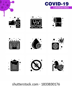 Covid-19 Schutz CoronaVirus Pendamic 9 Solid Glyph Black Icon Set wie Blutvirus; Zeit; Papier; medizinisch, Ernennung viraler Coronavirus 2019-nov Krankheit Vektor Design Elements