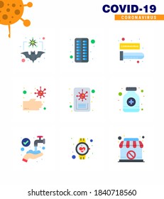Covid-19 Protection CoronaVirus Pendamic 9 Flat Color icon set such as  news; hands; pill; dirty; virus viral coronavirus 2019-nov disease Vector Design Elements