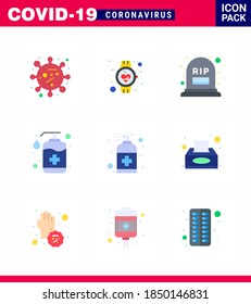 Covid-19 Protection CoronaVirus Pendamic 9 Flat Color icon set such as  wash; handcare; smart watch; hand; rip viral coronavirus 2019-nov disease Vector Design Elements