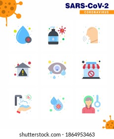 Protección Covid-19 CoronaVirus Pendamic 9 Color Flat conjunto de iconos como permanecer en casa; prevenir; enfermedades; higiene; Fiebre coronavirus viral 2019-nov Enfermedad Vector Elementos de diseño