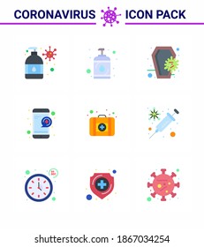 Covid-19 Protection CoronaVirus Pendamic 9 Flat Color icon set such as  first aid; question; coffin; online; skull viral coronavirus 2019-nov disease Vector Design Elements