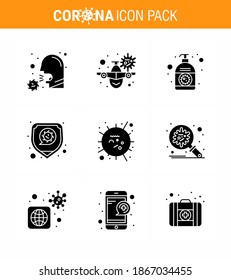Covid-19 Protection CoronaVirus Pendamic 9 Solid Glyph Black icon set such as  protection; hand sanitizer; vacation; hand; cream viral coronavirus 2019-nov disease Vector Design Elements